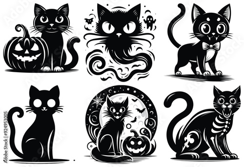 Black cat Halloween illustrations with pumpkins and spooky backgrounds, festive decoration art