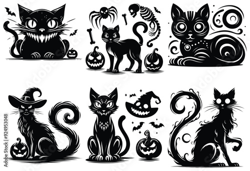 Black cats with Halloween theme spooky design, black and white, perfect for Halloween decor