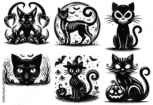 Black cat illustration set, spooky Halloween design, black and white vector art, seasonal decor