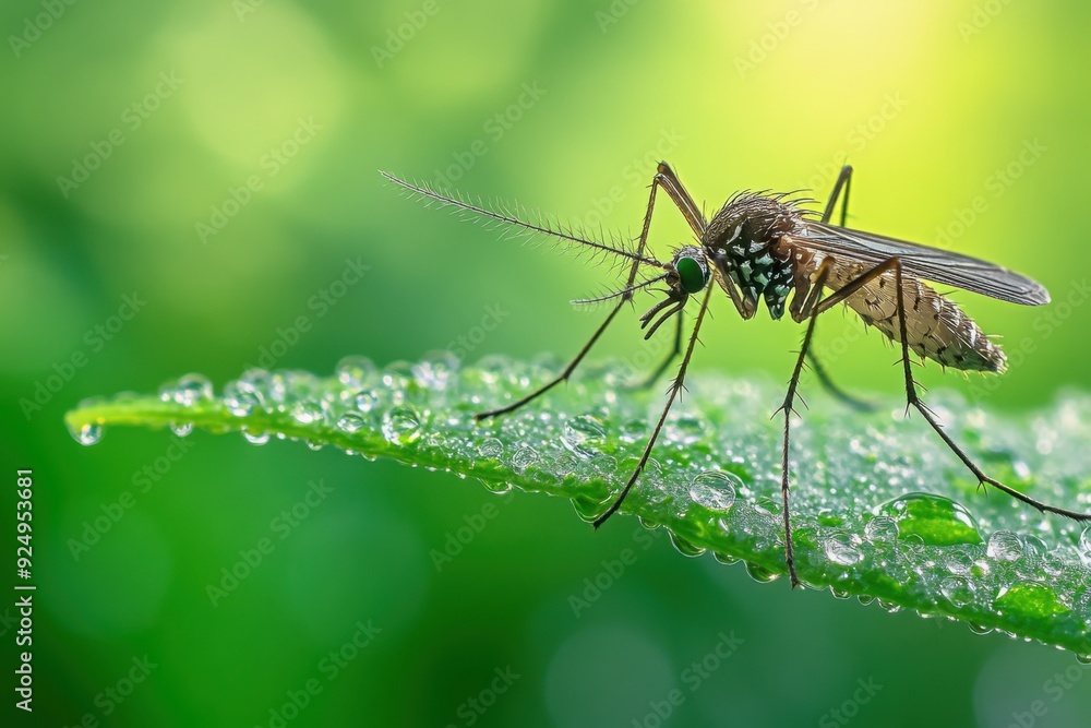 Macro shot of mosquito on dewy leaf Macro shot of mosquito on dewy leaf