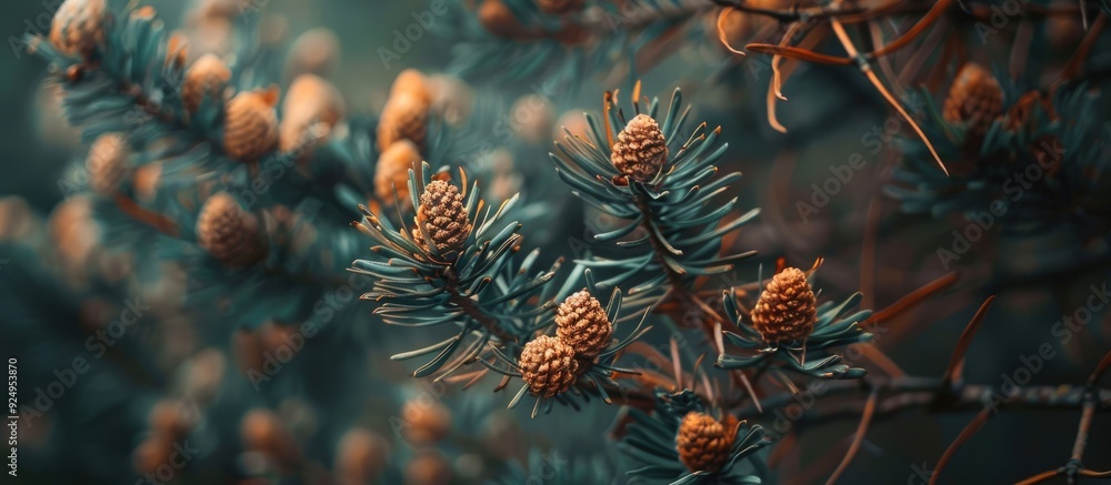 Close up of dried brown buds alongside vibrant green needles on a fir tree The shallow depth of field highlights texture and color contrast. with copy space image. Place for adding text or design Close up of dried brown buds alongside vibrant green needles on a fir tree The shallow depth of field highlights texture and color contrast. with copy space image. Place for adding text or design