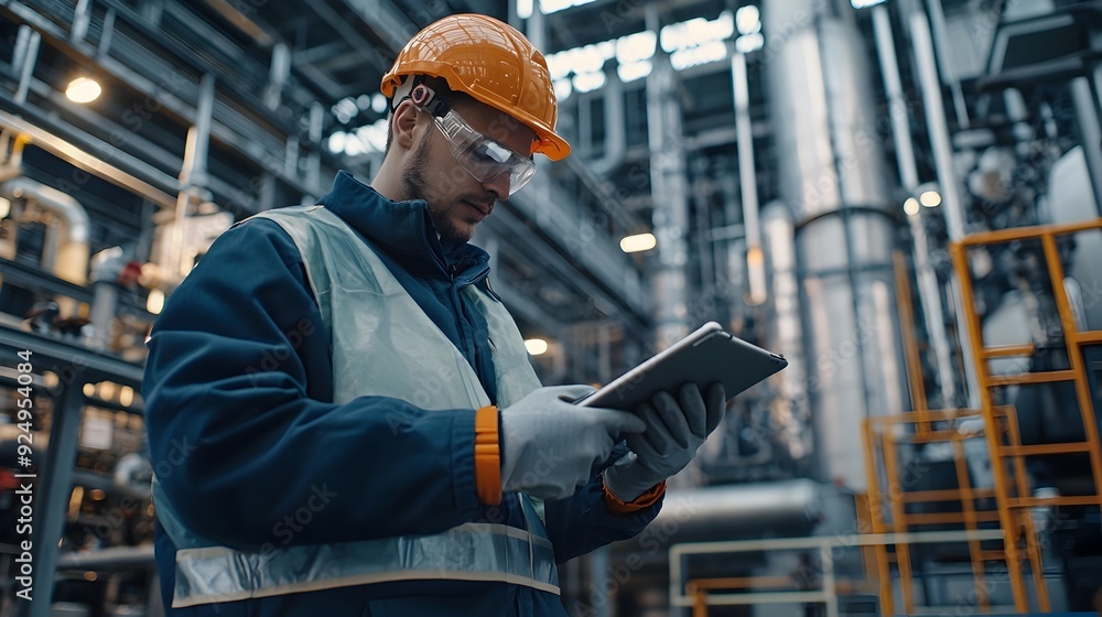 Technician Monitoring Air Levels in Factory for Workplace Safety Technician Monitoring Air Levels in Factory for Workplace Safety
