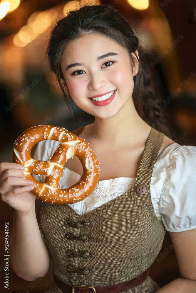 Oktoberfest Joy with a Happy Woman and Pretzel. A close-up of a young Asian woman with dark hair, smiling while holding a large pretzel at an Oktoberfest celebration.
Oktoberfest Joy with a Happy Woman and Pretzel. A close-up of a young Asian woman with dark hair, smiling while holding a large pretzel at an Oktoberfest celebration.