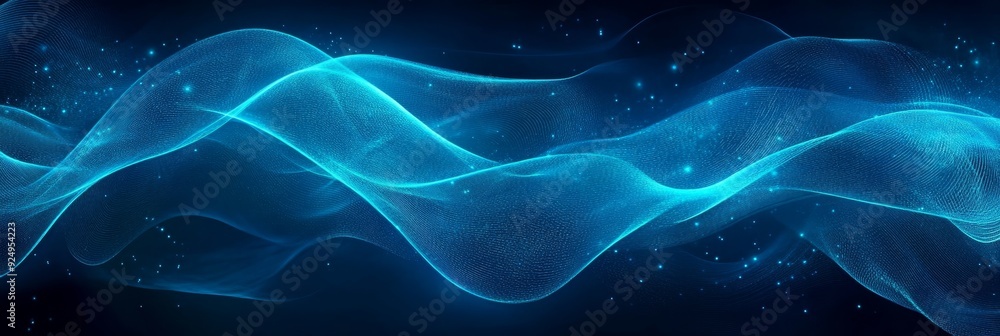 Obraz premium Abstract Blue Wave with Glowing Particles - Abstract background with a blue wave flowing through a dark space, illuminated by subtle glowing particles, representing energy, motion, technology, and the