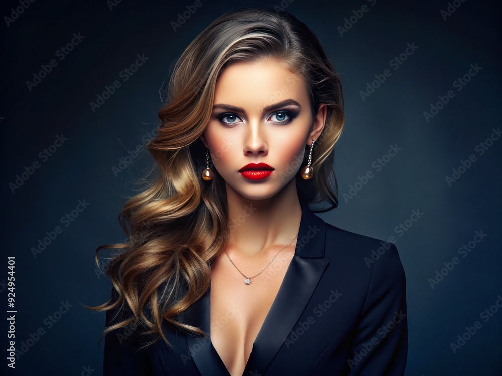 A stunning young woman with flawless skin and stylish attire poses confidently in front of a dark blue background, exuding elegance and sophistication. A stunning young woman with flawless skin and stylish attire poses confidently in front of a dark blue background, exuding elegance and sophistication.
