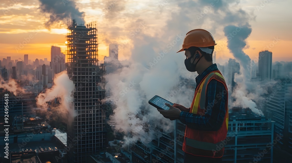 Obraz premium Engineer Holding Air Meter Optimizing Futuristic Smart City Environment