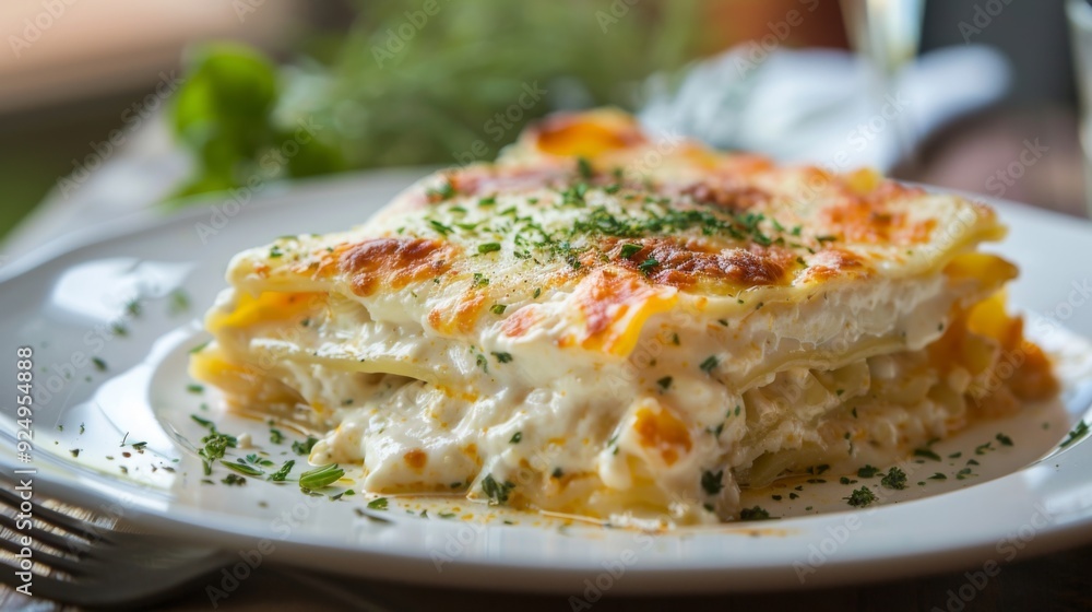 A delectable slice of creamy white lasagna, elegantly garnished with fresh herbs and served on a clean white plate, highlighting gourmet cooking, tradition, and hearty flavors. A delectable slice of creamy white lasagna, elegantly garnished with fresh herbs and served on a clean white plate, highlighting gourmet cooking, tradition, and hearty flavors.