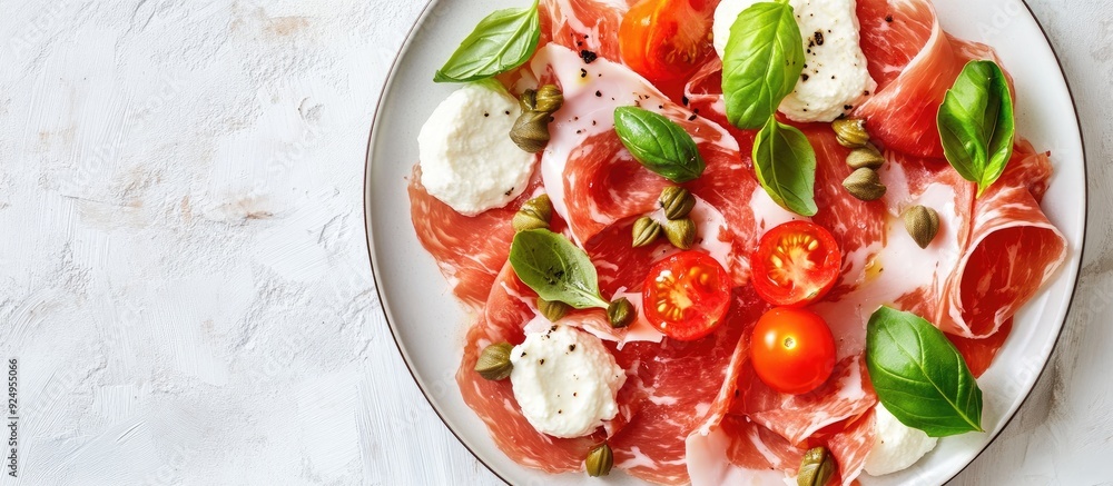 Slices of Prosciutto coppa di Parma ham served with ricotta cheese tomato capers and basil on a light plate top view copyspace Slices of Prosciutto coppa di Parma ham served with ricotta cheese tomato capers and basil on a light plate top view copyspace