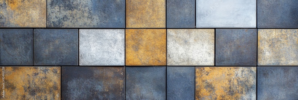 Abstract Metal Tile Wall Texture Background - This image features a close-up view of a wall made up of square metal tiles, showcasing a variety of colors and textures. The tiles are arranged in a patt Abstract Metal Tile Wall Texture Background - This image features a close-up view of a wall made up of square metal tiles, showcasing a variety of colors and textures. The tiles are arranged in a patt