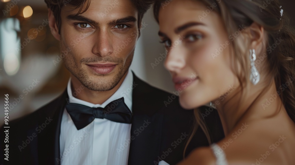 Man and woman dressed in elegant formal attire posing confidently ...