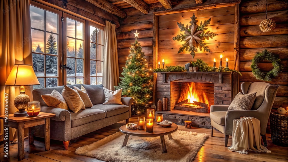 Fototapeta premium cozy cabin rustic wooden decor vintage ornaments soft candlelight flickering fireplace intimate setting warm fuzzy feeling snug winter clothing lazy afternoon relaxing atmosphere
