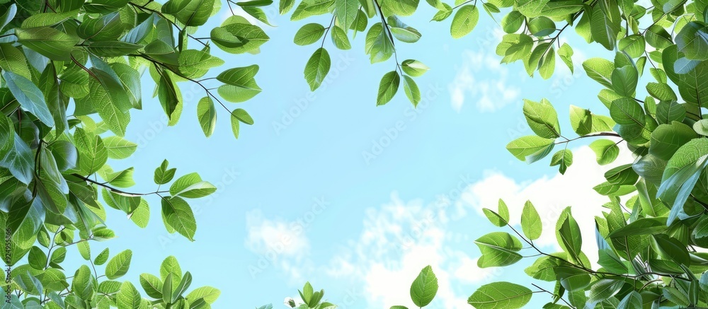 Obraz premium Blue sky and green tree leaves with copy space for text and design