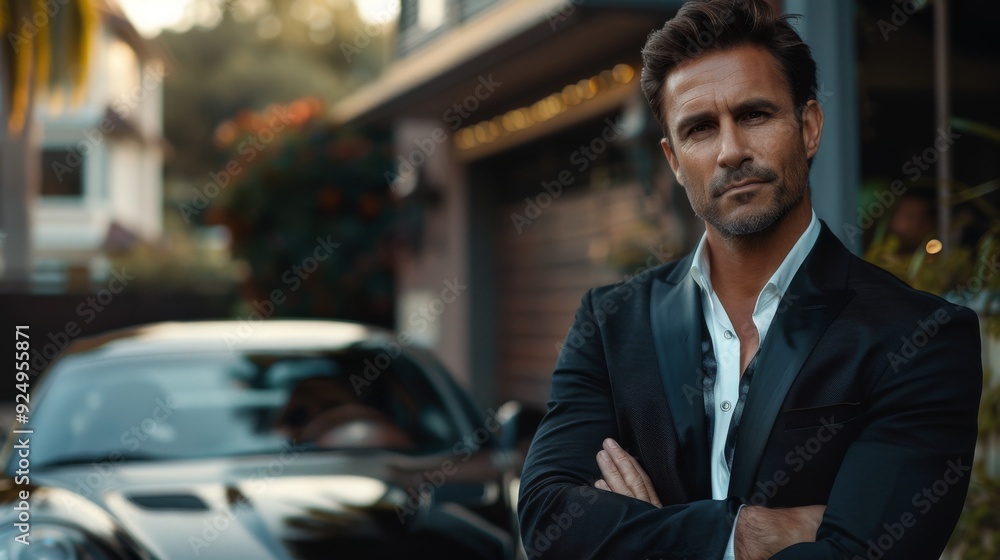 An imposing man in a black suit stands confidently with arms crossed near a parked car, displaying an aura of authority, success, and modern sophistication. An imposing man in a black suit stands confidently with arms crossed near a parked car, displaying an aura of authority, success, and modern sophistication.