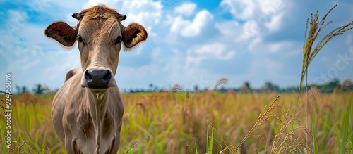 Cow the typical domestic animal of South Asia After the harvest is finished the mother cow rests by the edge of the rice field Close up of the cow beneath the blue sky. with copy space image