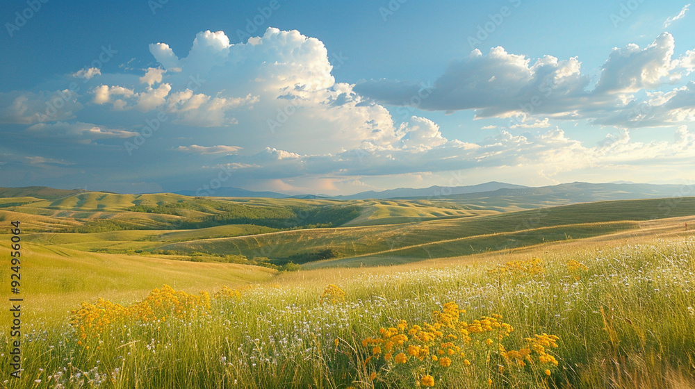 Obraz premium Field with green grass and blue sky, sunshine over the field