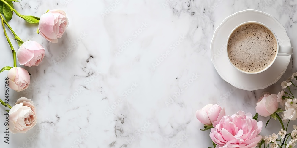 A sleek marble surface adorned with a cup of coffee and pastel flowers, creating a serene and elegant setup. A sleek marble surface adorned with a cup of coffee and pastel flowers, creating a serene and elegant setup.