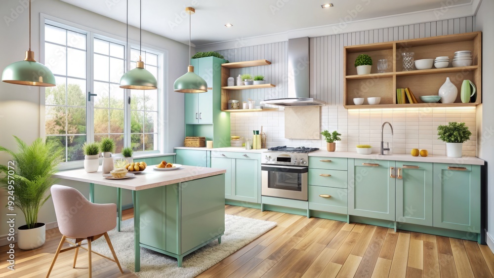 Fototapeta premium Cozy pastel hues evoke warmth amidst frosty kitchen appliances in modern home setting