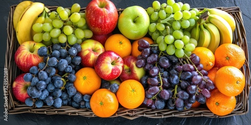 Testimonial image featuring a variety of weekly fruit baskets including oranges apples blueberries grapes kiwi fruit and bananas