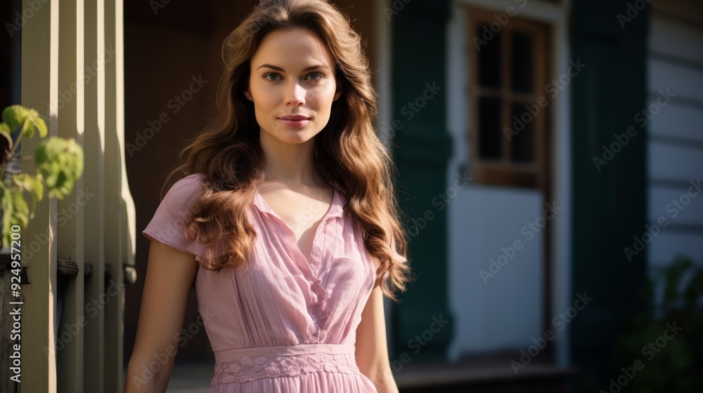 A woman in a pink dress standing gracefully by a rustic green door, exuding elegance and charm, set amidst a tranquil outdoor setting with natural light. A woman in a pink dress standing gracefully by a rustic green door, exuding elegance and charm, set amidst a tranquil outdoor setting with natural light.