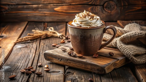 cozy winter morning rustic theme distressed wooden coffee cup with rich creamy mock mocha topped with whipped cream on vintage wooden table photo