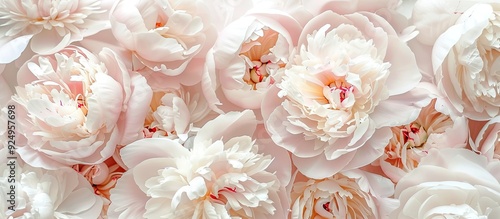 A creative arrangement of white and pink peony flowers set against a pastel background Copyspace Top view Nature theme