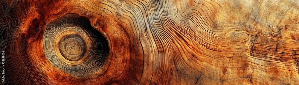 Naklejka premium A close-up view of textured wood showcasing natural patterns and rich colors, perfect for design and nature-themed projects.
