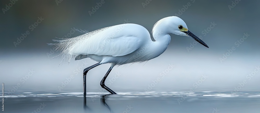 A small white Little Egret is standing in the water searching for food It has black legs and a black beak The image includes copy space A small white Little Egret is standing in the water searching for food It has black legs and a black beak The image includes copy space