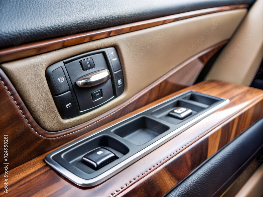Close-up of SUV car's interior showing power window button and automatic lock switch on door panel, modern vehicle design with premium materials. Close-up of SUV car's interior showing power window button and automatic lock switch on door panel, modern vehicle design with premium materials.