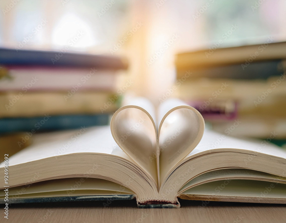 Fototapeta premium An open book with pages folded into a heart shape, surrounded by more books. National Read a Book Day Concept