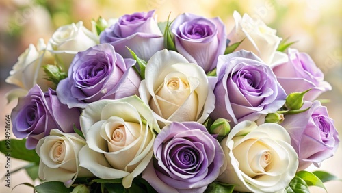 Delicate white and purple roses bloom together in a beautiful bouquet, symbolizing love, elegance, and sophistication against a soft, gentle background.