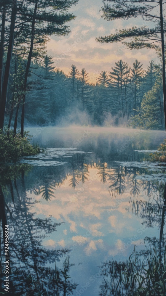 Fototapeta premium Morning mist rising from a lake reflecting the sky