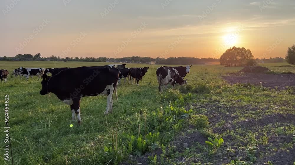 Black and white cows in a field at sunset. Black and white cows in a field at sunset.
