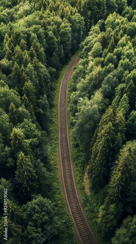 Aerial view of railroad tracks winding through lush green forest