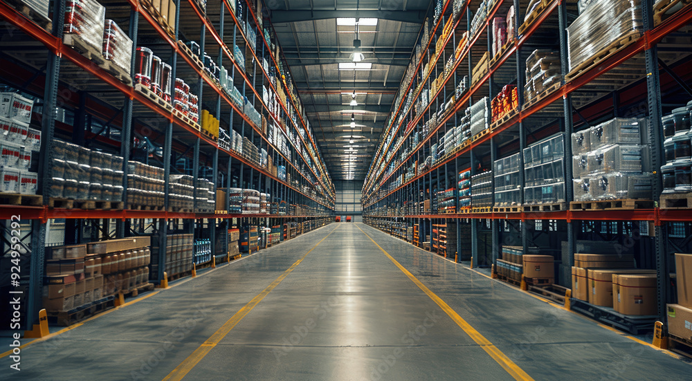 A large industrial warehouse with rows of shelves filled with products. Generative AI. A large industrial warehouse with rows of shelves filled with products. Generative AI.