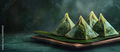 Close up copy space popular Asian delicious handmade food for the Dragon Boat Duan Wu festival fresh from the steamer featuring steamed rice dumplings shaped like pyramids and wrapped in leaves photo