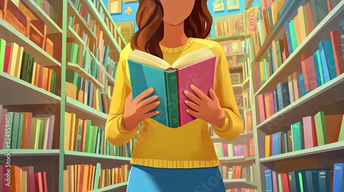 A young cartoon woman s hands holding a book in a colorful cartoon bookstore photo