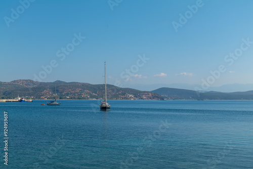 Greece Peloponnese Region Gytheio Village Colorful Houses Church and Coastline photo