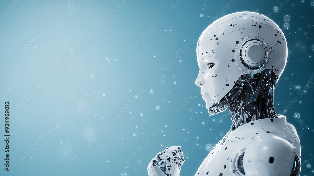 A futuristic white cyborg robot stands against a blue technology background, highlighting AI and machine learning concepts with a focus on smart brain functions and cyber informati A futuristic white cyborg robot stands against a blue technology background, highlighting AI and machine learning concepts with a focus on smart brain functions and cyber informati