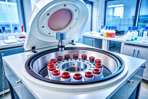 Modern medical blood separation test centrifuge machine spins samples in a chemical laboratory, highlighting advanced medicine equipment and cutting-edge health technology. photo