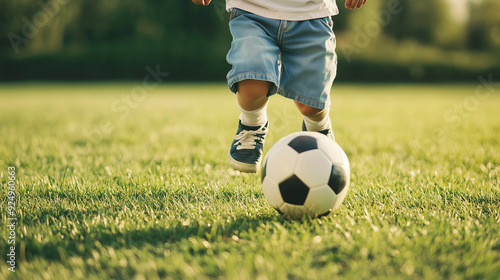 young boy chasing a soccer ball on a vibrant green field, with his small legs in motion, highlighting the excitement of children’s sports and outdoor recreation, photo