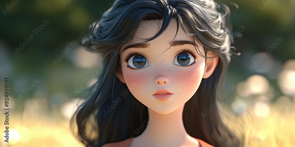 3D Cartoon Portrait of a Beautiful Dark Haired Girl Outdoors 3D Cartoon Portrait of a Beautiful Dark Haired Girl Outdoors