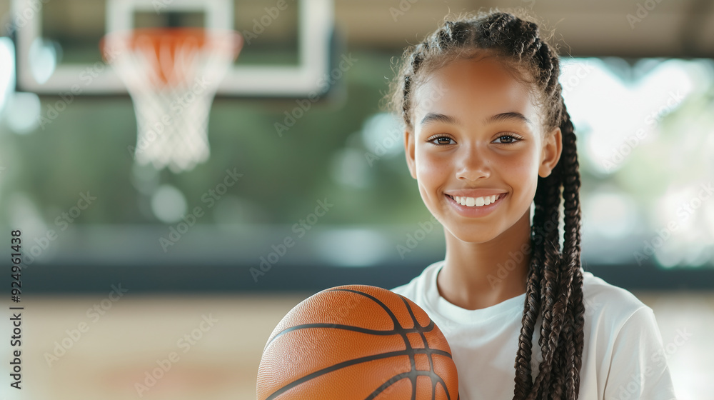 A portrait of a beautiful young teenage girl with braided hair holding an orange basketball, smiling brightly and looking directly at the camera, with a blurred basketball hoop in A portrait of a beautiful young teenage girl with braided hair holding an orange basketball, smiling brightly and looking directly at the camera, with a blurred basketball hoop in