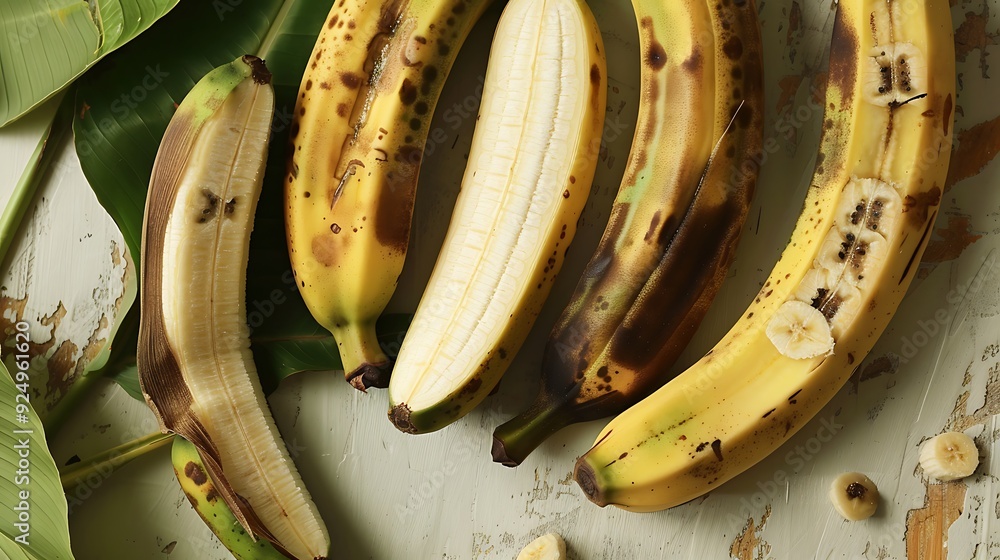 Several plantains on a light wooden surface, with a few peeled to reveal the starchy white flesh inside, accented by green leaves to create a vibrant and natural display of tropical fruit Several plantains on a light wooden surface, with a few peeled to reveal the starchy white flesh inside, accented by green leaves to create a vibrant and natural display of tropical fruit