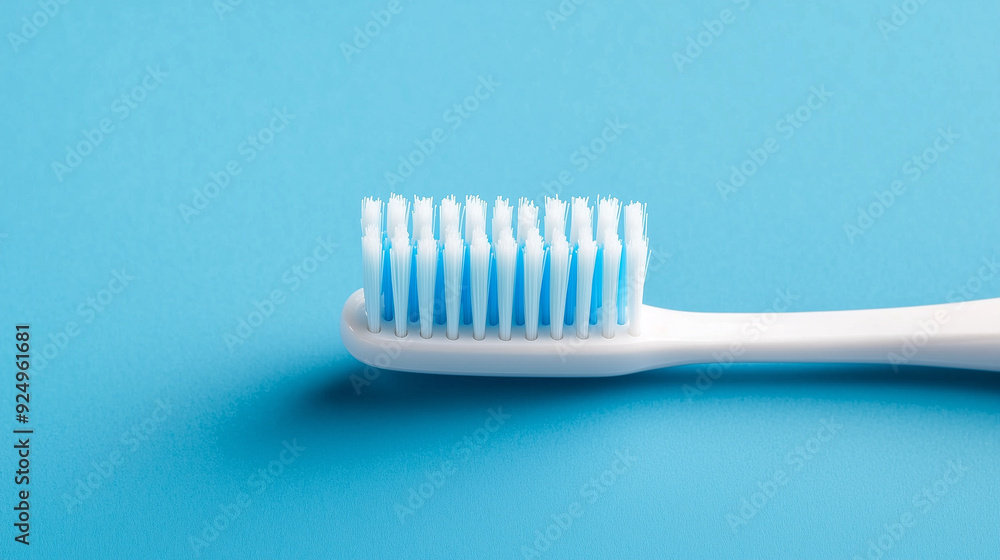 A close-up of a plastic blue and white orthodontic toothbrush, highlighting its design as an essential instrument for everyday oral hygiene, dental health, and teeth care, with a f A close-up of a plastic blue and white orthodontic toothbrush, highlighting its design as an essential instrument for everyday oral hygiene, dental health, and teeth care, with a f