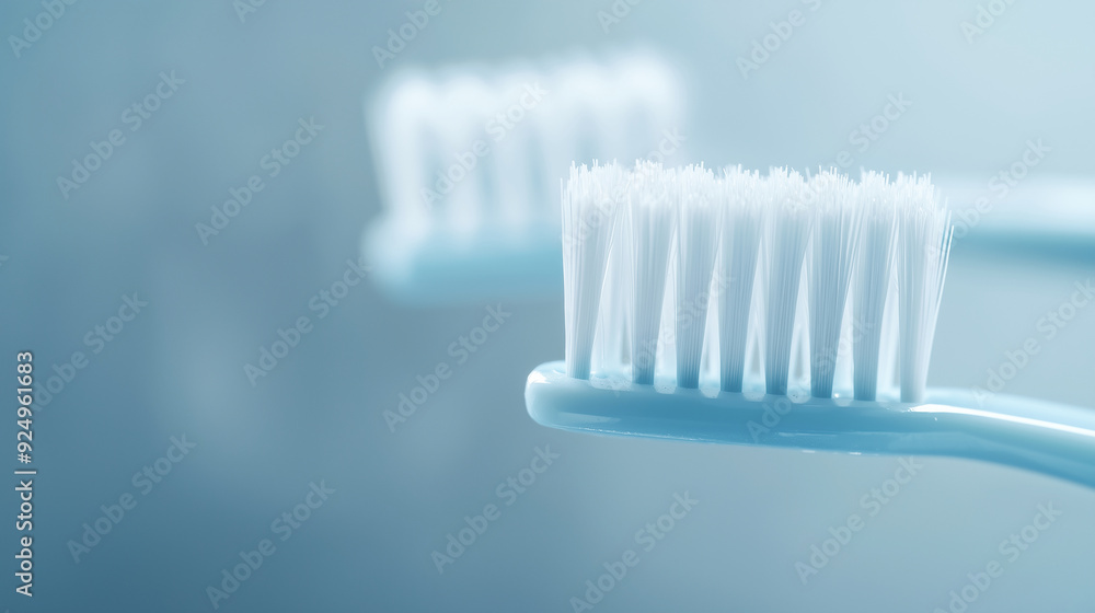 A close-up of a plastic blue and white orthodontic toothbrush, highlighting its design as an essential instrument for everyday oral hygiene, dental health, and teeth care, with a f A close-up of a plastic blue and white orthodontic toothbrush, highlighting its design as an essential instrument for everyday oral hygiene, dental health, and teeth care, with a f