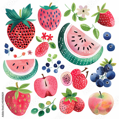  Cute summer fruits watercolor  clip art pattern with strawberries,watermelon,berries,apples illustration