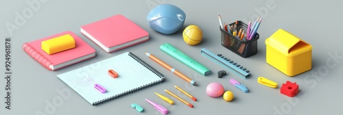 Wallpaper Mural Colorful School Supplies Flat Lay with Notebook, Pencil, Eraser, Ruler - A flat lay of colorful school supplies including a notebook, pencil, eraser, ruler, and other stationery items. The image symbo Torontodigital.ca