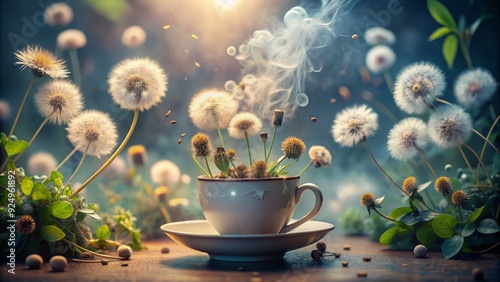 dreamy surreal scene dandelion roots floating in steamy tea cup surrounded by soft focus flowers and leaves with ethereal pastel colors