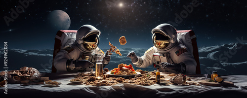 Astronauts enjoying a cosmic feast on the moon's surface during a clear night, surrounded by stars and planets in the background