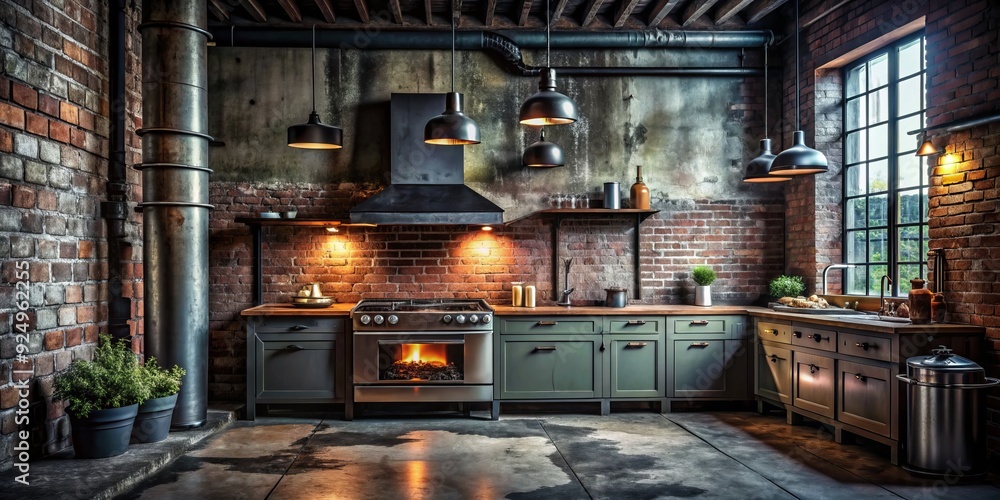 edgy industrial kitchen with exposed brick and salvaged metal stove amidst a dark moody atmosphere with gritty shadows and metallic sheen edgy industrial kitchen with exposed brick and salvaged metal stove amidst a dark moody atmosphere with gritty shadows and metallic sheen